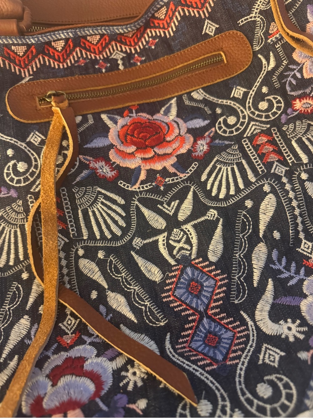 Johnny Was Navy Denim Embroidered Floral Weekender Bag with Brown Trim - Picture 9 of 13